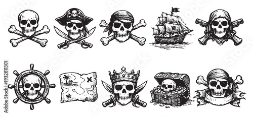 A collection of hand-drawn pirate themed elements, including skulls, crossbones, treasure maps, ships, and treasure chests in a grungy, vintage style. Perfect for designs needing a nautical.
