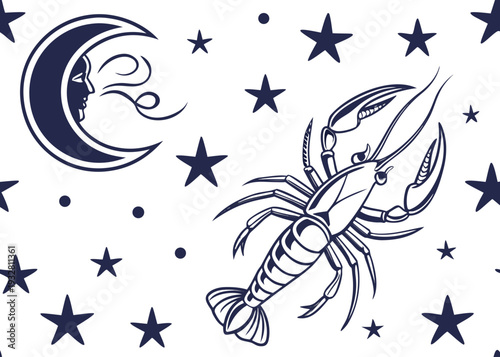 Astronomical illustration featuring a crescent moon, stars, and a scorpion constellation isolated on transparent background, isolated on white background, Vector