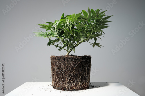 Cannabis sativa plant with well-developed roots on a white surface, professional cultivation concept