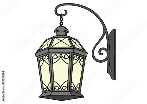 A vintage style lantern hanging on a decorative wall mount isolated on transparent background, isolated on white background, Vector