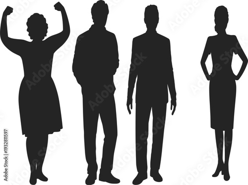 Men and women in various standing and confident poses silhouettes collection set, diverse people figures
