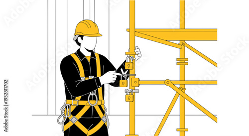 Construction worker inspecting scaffolding safety harness and equipment