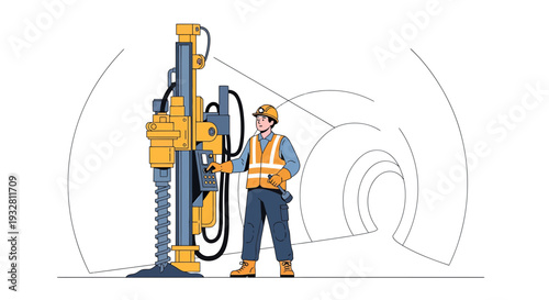 Construction worker operating drilling machine in tunnel construction