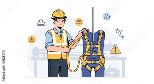 Construction Worker Inspecting Safety Harness for High-Altitude Work and Jobdesk Safety
