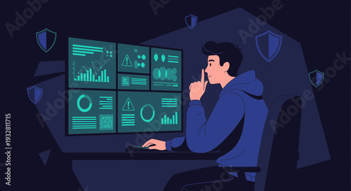Cybersecurity expert monitoring system data on multiple screens, maintaining secrecy