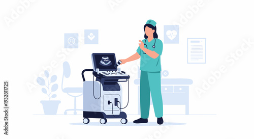 Doctor using ultrasound machine for medical examination, healthcare illustration