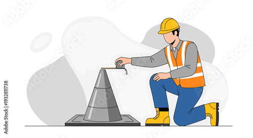 Construction worker measuring traffic cone with tape measure, safety vest, hard hat