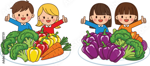 Happy children giving thumbs up with large plates of healthy colorful vegetables including broccoli bell peppers carrots and purple eggplant