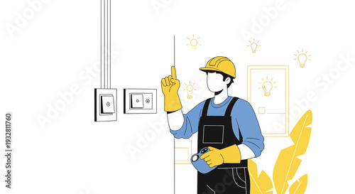 Electrician working with light switch and tools, illustration