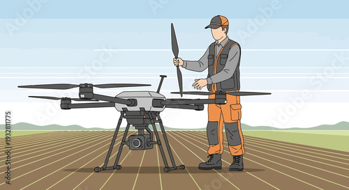 Farmer installing drone propeller in field for precision agriculture