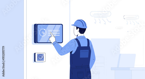 HVAC Technician Adjusting Smart Thermostat Control Panel for Climate System