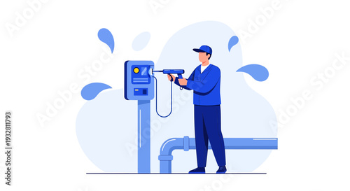 Maintenance worker servicing equipment with power washer