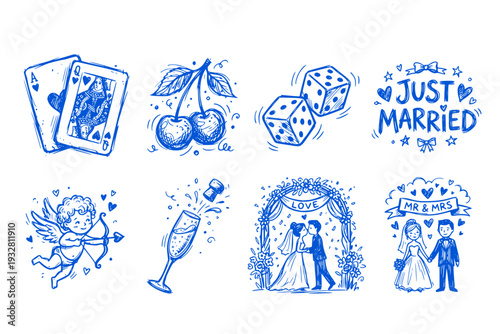 Wedding Coquette Style Hand Drawn Romantic Cute Elements Playing Cards Cherry Dice Just Married Cupids Champagne Celebration Line Art