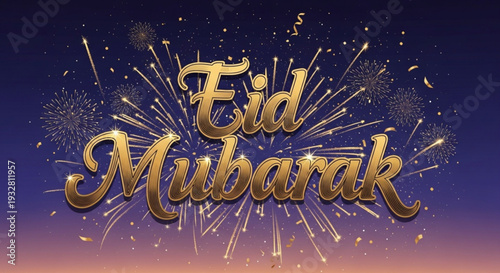 Eid mubarak greeting with gold fireworks on purple background for festive celebration