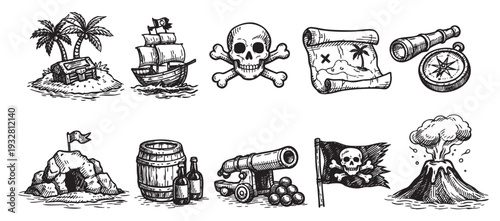 A set of pirate adventure themed icons are hand drawn in black and white including a treasure island, ship, skull, map, compass, and volcano. Great for pirate parties.