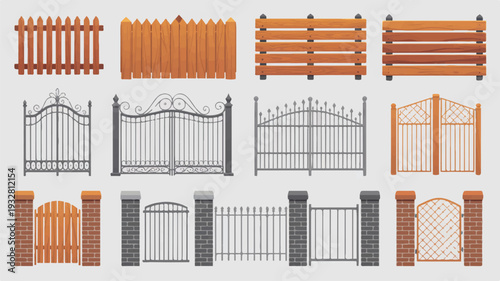 A set of 12 isometric fence and gate designs arranged in a 3x4 grid against a white background (1)_traced