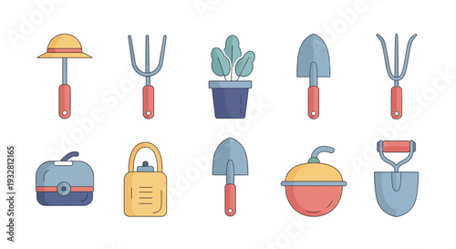 Gardening tools and equipment laid out on a surface for use.