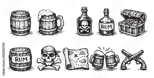 Black and white sketch collection of pirate elements, including rum barrels, beer mugs, skull, treasure map, chest, and guns, perfect for themed designs and illustrations.