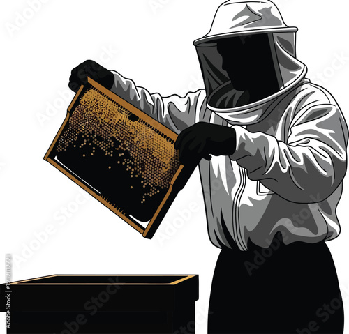 Professional beekeeper in protective suit carefully inspecting a honeycomb frame filled with golden honey over an open beehive box, vector illustration.