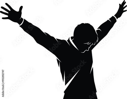 Dynamic vector illustration of a person raising arms in triumph and celebration, symbolizing success, achievement, and overcoming challenges with joyful spirit and victory.