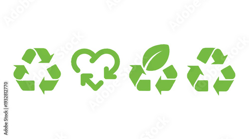 A set of four minimalist environmental and recycling symbols in bright lime green color against a pure white background (2)_traced