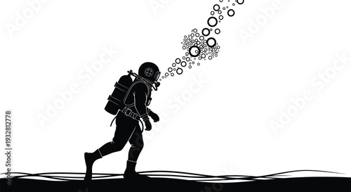 Silhouette vector illustration of a vintage deep sea diver walking on the ocean floor with bubbles rising above the helmet