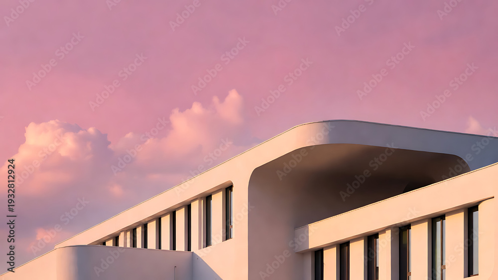 custom made wallpaper toronto digitalBuilding modern minimalist architecture with curved roofline and warm sunset sky, clean facade and windows, serene urban design