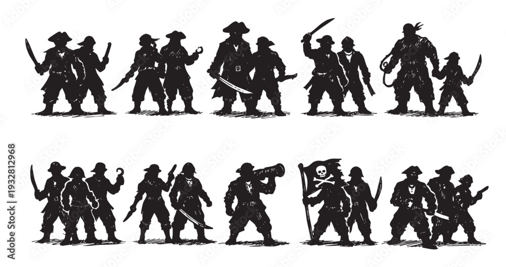 Naklejka premium A set of pirate crew silhouettes in various poses, holding swords, a Jolly Roger flag, and a megaphone, with a bold and adventurous mood suitable for historical illustrations.