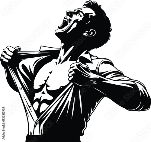 Dramatic black and white vector illustration depicting a powerful man ripping open his buttoned shirt revealing muscular physique and shouting