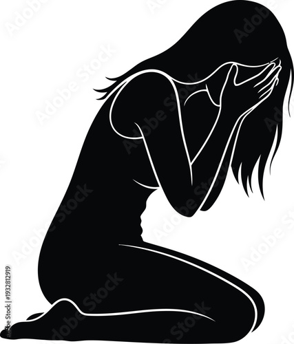Distraught woman vector illustration kneeling, covering her face with hands, symbolizing grief, sorrow, and despair, representing profound emotional pain.
