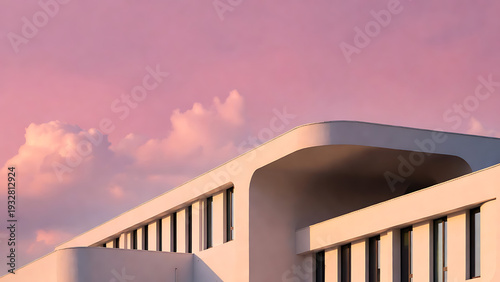 Wallpaper Mural Building modern minimalist architecture with curved roofline and warm sunset sky, clean facade and windows, serene urban design Torontodigital.ca