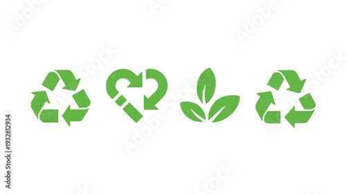 A set of four minimalist environmental and recycling symbols in bright lime green color against a pure white background (3)_traced