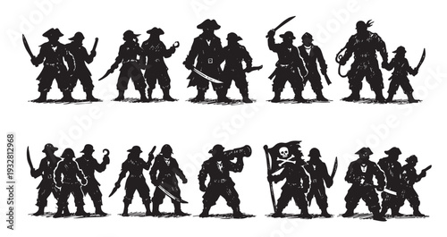 A set of pirate crew silhouettes in various poses, holding swords, a Jolly Roger flag, and a megaphone, with a bold and adventurous mood suitable for historical illustrations.