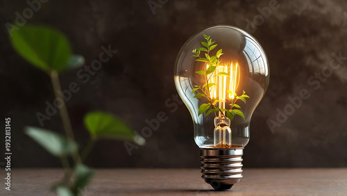 Wallpaper Mural Lightbulb with glowing filament and green leaves inside, symbolizing eco-friendly ideas featuring sustainable, environment, conservation with energy Torontodigital.ca