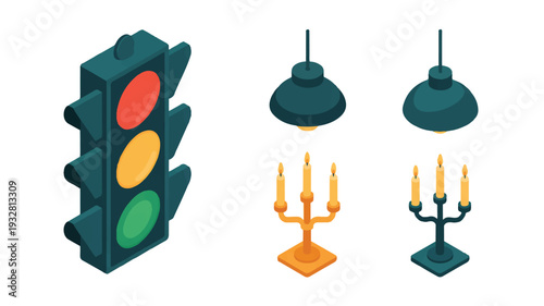 A set of isometric illustrations of lighting and traffic control elements arranged in a horizontal layout (1)_traced
