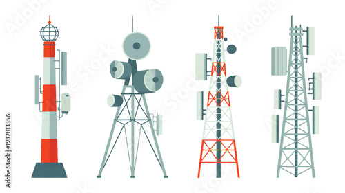 A set of four vector illustrations of telecommunications towers arranged horizontally (4)_traced