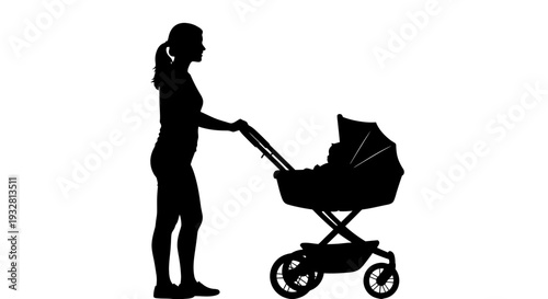 Woman pushing baby stroller outside walking.