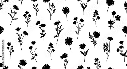 Black silhouettes of various wildflowers bloom.