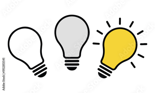 Idea Lightbulb Icons with One Glowing Yellow Bulb Concept
