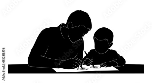Father teaching son to draw picture.