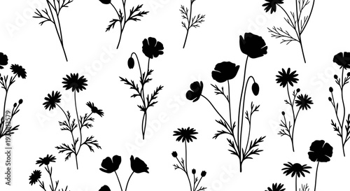 Black silhouettes of various wildflowers standing.
