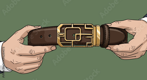 Cartoon Illustration of Fair-Skinned Hands Holding Dark Brown Leather Belt with Gold Geometric Buckle in Minimalist Style