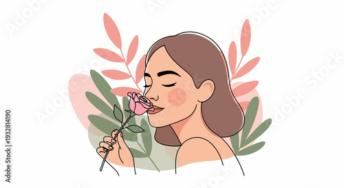 Serene Woman Smelling Pink Flower Against Green Leaves in Stylized Garden Illustration