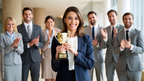 Successful Businesswoman Holding Trophy with Cheering Team