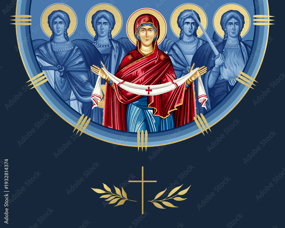 Naklejka premium Intercession of the Theotokos and four cardinal points (Archangel Gabriel, Uriel, Raphael and Michael). Illustration in Byzantine style isolated