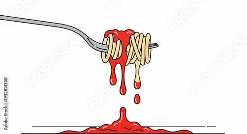 A fork holds spaghetti with tomato sauce dripping onto a plate below.