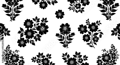 Black floral pattern on white background.