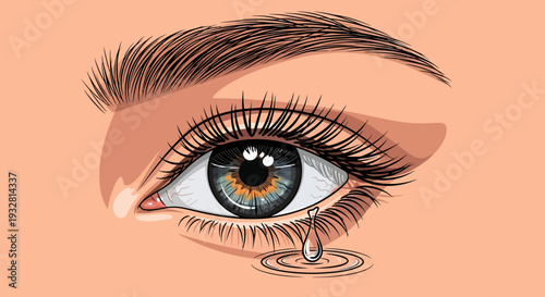 A close-up illustration of a crying eye with a tear drop falling.