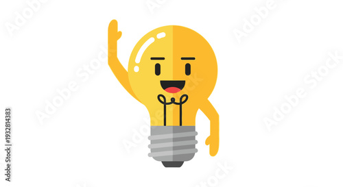 Smiling light bulb with raised hand.