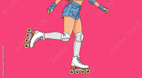 Woman wearing roller skates and protective gear skating outdoors on a sunny day freely.